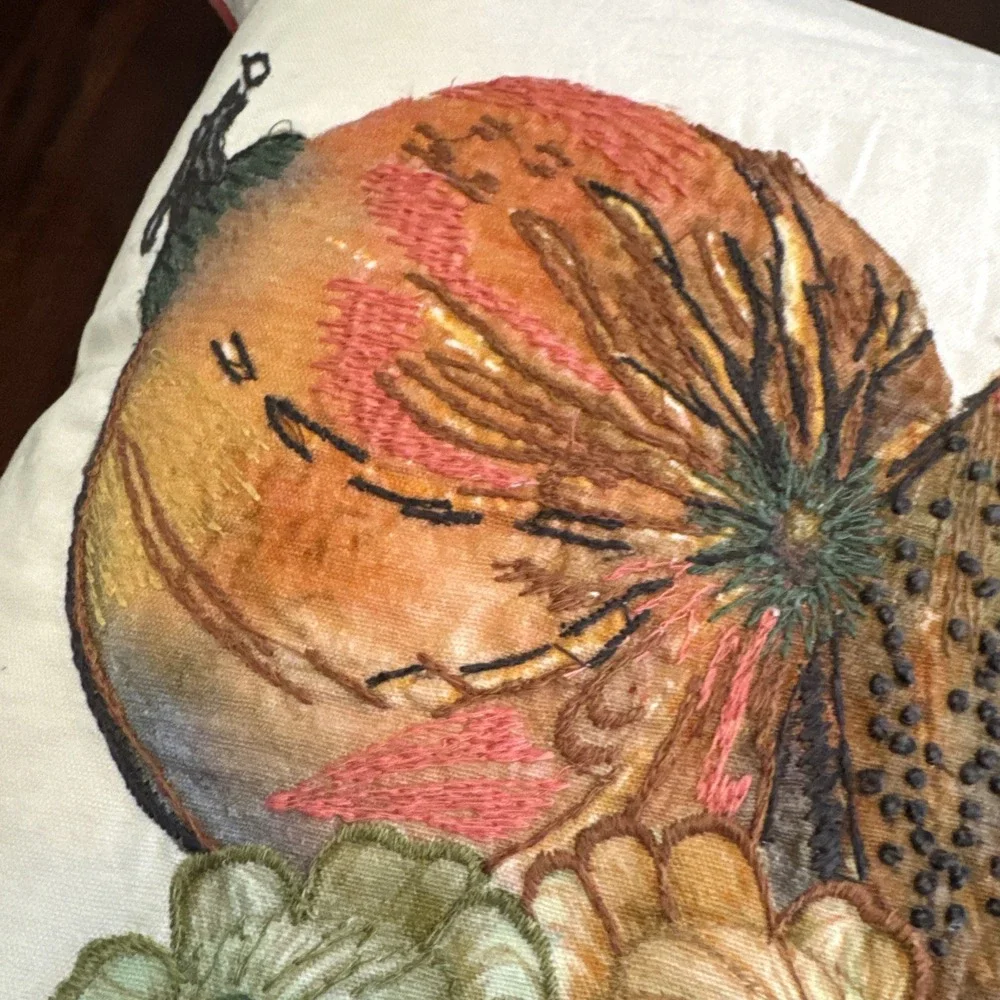 Pottery Barn Throw Pillow Velvet‎ Embroidered Applique Botanical Feather Insert